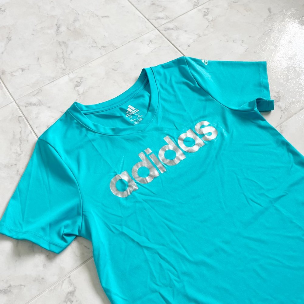 adidas Climalite Short Sleeve Athletic Blue Logo Tee Shirt Girls Large (12/14)